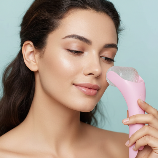 Woman using a pink skincare device on her face against a light blue background